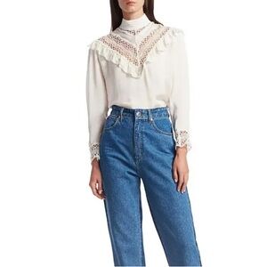 Sandro Jeane Lace Trim Long Sleeve Blouse Ivory